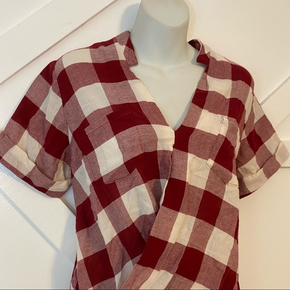 Floreiza Plaid Printed Surplice Blouse Red Sz M - Picture 2 of 6